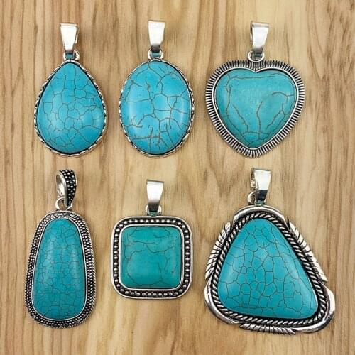 2 Pieces Large Geometry & Faux Turquoise Stone Tibetan Silver Charms Pendants for Necklace Jewelry Making Accessories