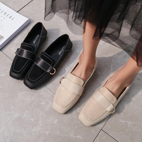 Stitching single shoes woman metal sewing flats square toe shallow loafers comfy 2-wear casual lazy moccasins brief female shoes