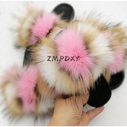 Childrens/Kids Real Fox Fur Slides Womens Fluffy Raccoon Fur Slippers Girls Plush Sandals Baby Home Shoes Furry Flip Flops Hot