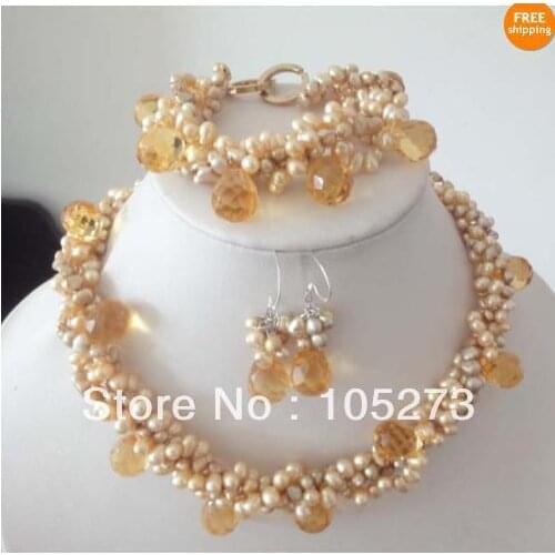 Wholesale Pearl Jewelry Set Gold Pearl Yellow Crystal Necklace Bracelet Earring 3-7mm Baroque Shaper New Free Shipping