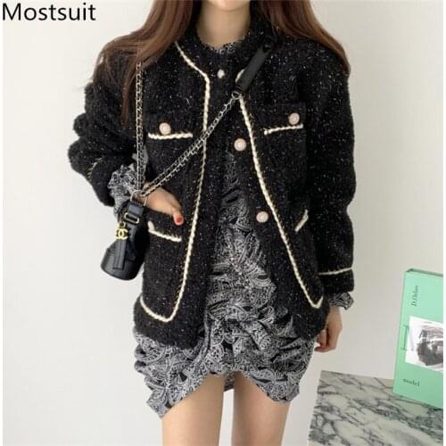 Lambswool Korean Vintage Women Jacket Coat 2020 Winter Single Breasted Long Sleeve O-neck Chains Ladies Fashion Coats Femme