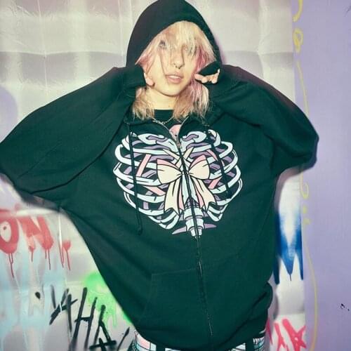 Women Fashion Hooded , Adults Bow Ribcage Print Long Sleeve Zipper with Pocket Gothic Clothing Drawstring