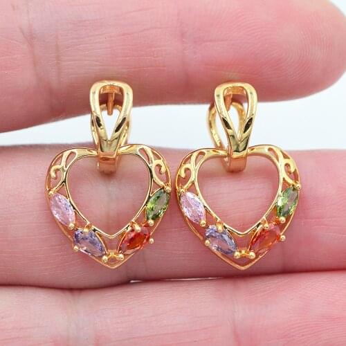 Gold Color AAA+ Cubic Zirconia Women Colorful CZ Love Heart Stud Earrings Jewelry
