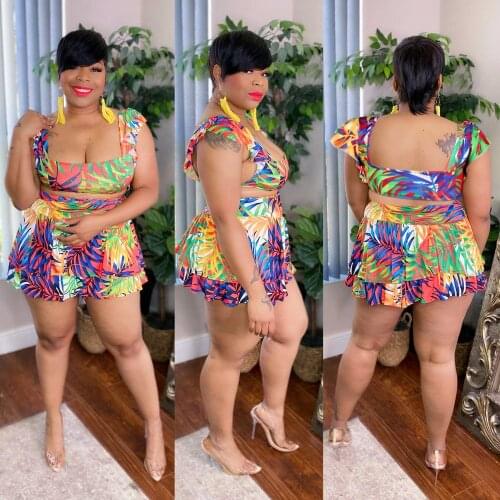 Women 2 Pices Set Summer Boho Flower Printed Crop Top + Ruffle Skirts Elegant Two Piece Sets Plus Size 4XL 5XL Beach Outfits