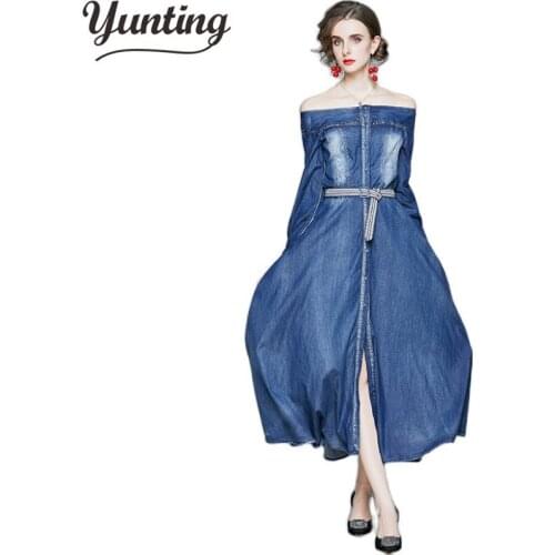 Womens Denim Dress Spring 2020 New Fashion Long sleeve fabric Slim Dresses Cotton Long Dress Female
