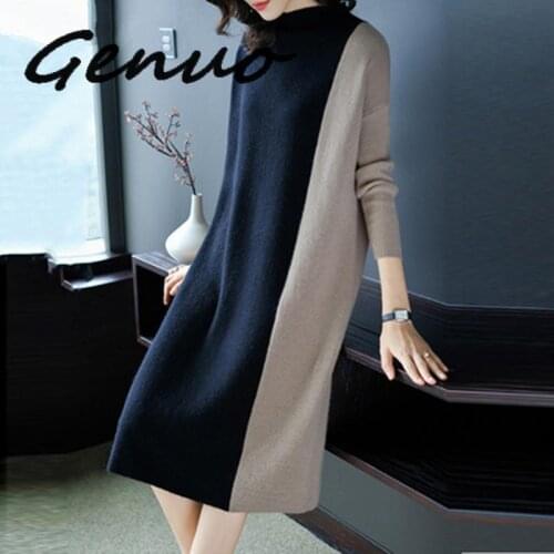 Genuo New Women 2019 Autumn Winter Stitching Fashion Long Sleeve Dress Female Half Turtleneck Knee-Length Knitted Dress