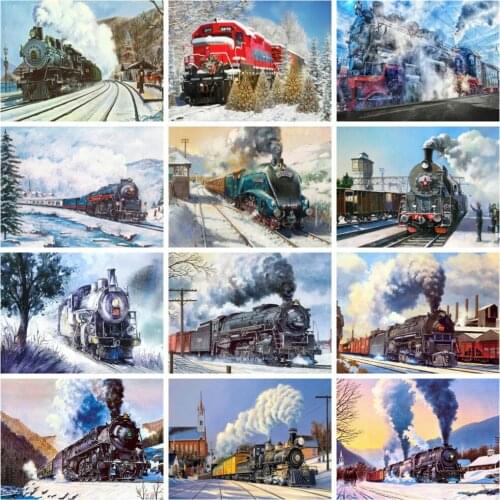 Huacan Full Square/round Diamond Painting Train Wall Decor 5d Diy Diamond Mosaic Embroidery Winter Snow Train Crystal Hobby