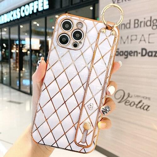 Luxury Gold Plated Strap Stand Holder Case for iPhone 11 12 Pro Max XR X XS 7 8 Plus Silicone Lens Protect Cover 11 Pro Max SE