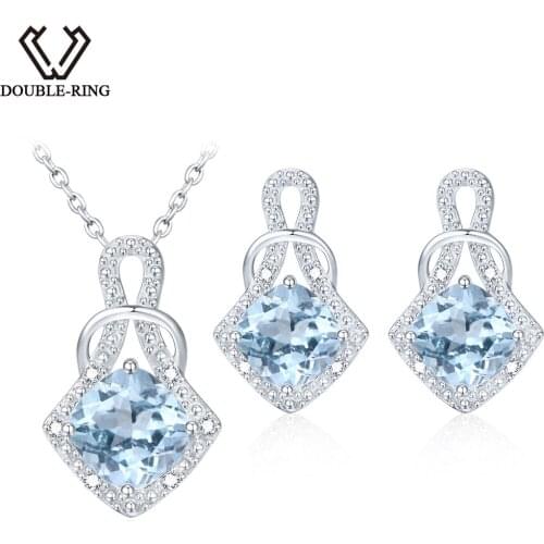 DOUBLE-R Natrual Blue Topaz Earrings Pendant Necklace Jewelry Sets 925 Sterling Silver Gemstone Brand fine Jewelry for women