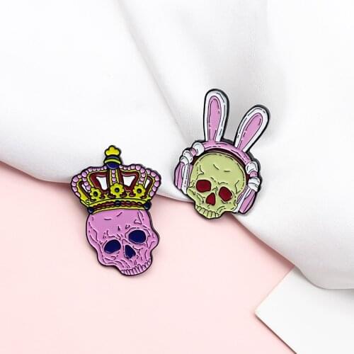 Skeleton King Enamel Brooch Crown Skulls Rabbit ear Lapel Pin Princess and Prince lovers badge