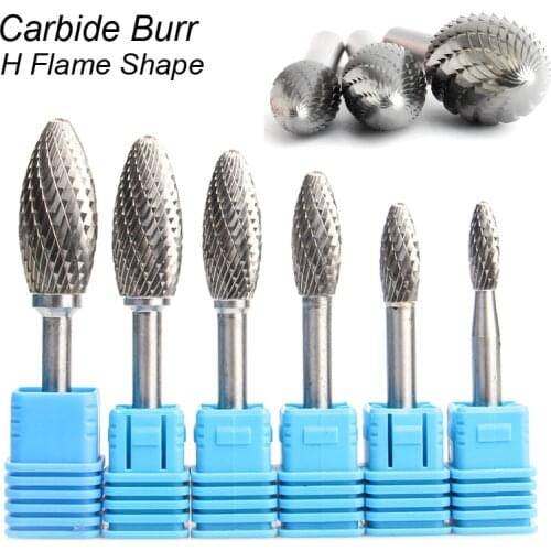 H Flame Shape 6mm 1/4" Shank Mould Carving Grinding Cut Tungsten Carbide Burr Rotary Tool File Bits Milling Cutter Metal Wood