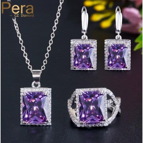 Pera Romantic Purple Amethyst Topaz CZ 925 Silver Big Princess Cut Ring Pendant Necklace Earring Sets for Ladies Jewelry J159