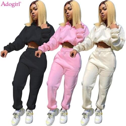 Adogirl Fleece Thick Women Solid Two Piece Sets Autumn Winter Fashion Tracksuit Long Sleeve Sweatshirts Crop Tops Sweatpants