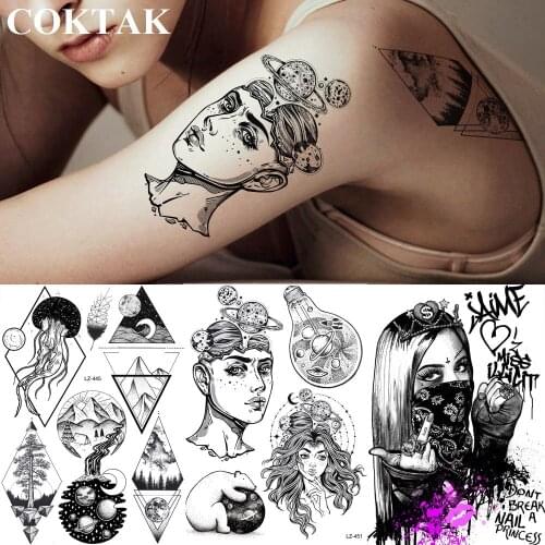 COKTAK Creative Planets Cartoon Bear Universe Temporary Tattoos Sticker Galaxy Custom Tattoo Body Art Arm Black Tatoos Abstract