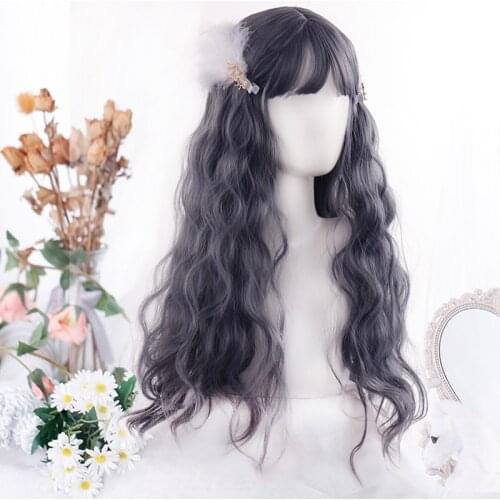 LANLAN Cosplay Lolita Wig Long Nature Wave Gray smog blue Synthetic Hair Wigs with Bangs for Woman Heat Resistant Fiber