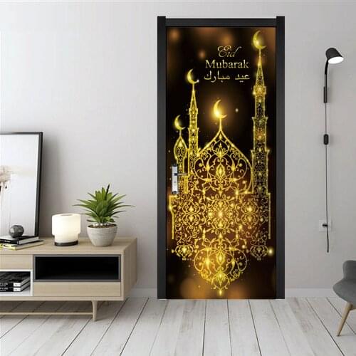Muslim Eid Al-Fitr DIY Door Sticker 3D Art Mural Home Decor Living Room Door Removable Wall Stickers Waterproof PVC Wallpaper