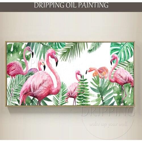New Design Hand-painted High Quality Funny Animal Flamingo Oil Painting on Canvas Modern Flamingos Oil Painting for Wall Decor
