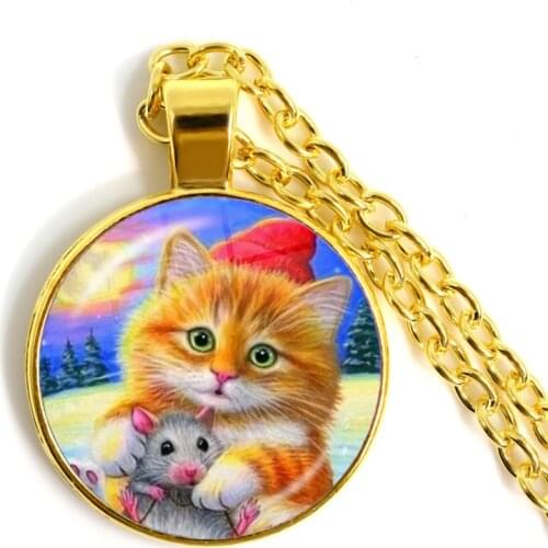 Cute Pet Cat Pendant Necklace For Women Fashion Metal Glass Dome Chain Jewelry Kids Gift Accessories Souvenir