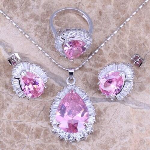 Rare Pink White CZ Silver Plated Jewelry Sets Earrings Pendant Ring Size 6 / 7 / 8 / 9 / 10 S0099