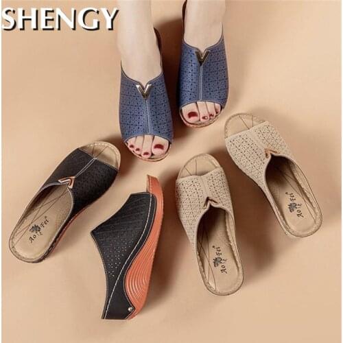 Womens Summer Slippers Hollow Slope Wedges Increase Sandals Ladies Rome Comfortable Beach Shoes for Females Sliders