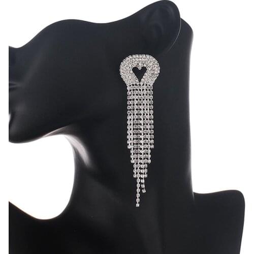 YFJEWE Bling Long Tassel Heart Crystal Drop Earrings for Women Rhinestone Dangle Earring Party Statement Wedding Jewelry E680