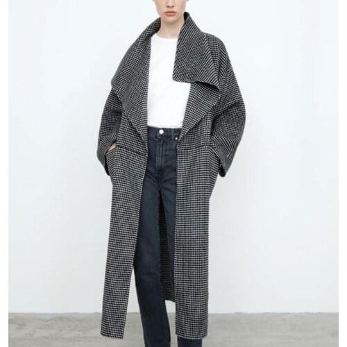 Grey Plaid Wool Coat Womens Mid-length Coat Loose Autumn Winter Woolen Jacket