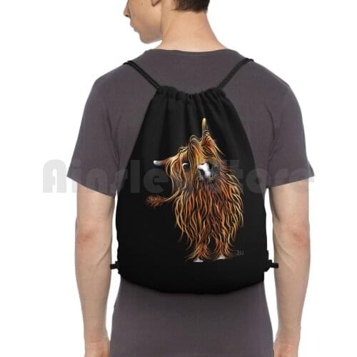 Highland Cow Print Scottish ' Coooweee ' By Shirley Macarthur Backpack Drawstring Bag Riding Climbing Gym Bag Highland Cow