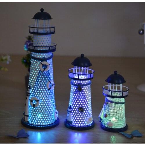 Light Up Lighthouse Beacon Tower Model Mediterranean Metal Handicraft Home Decorations Creativity Marine Style Decor Arts