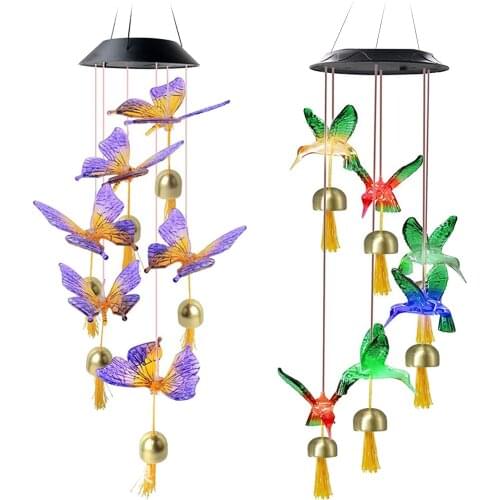 LED Solar Hummingbird/Butterfly Wind Chime, Changing Color Waterproof Wind Chimes for Home Party Night Garden Decoration