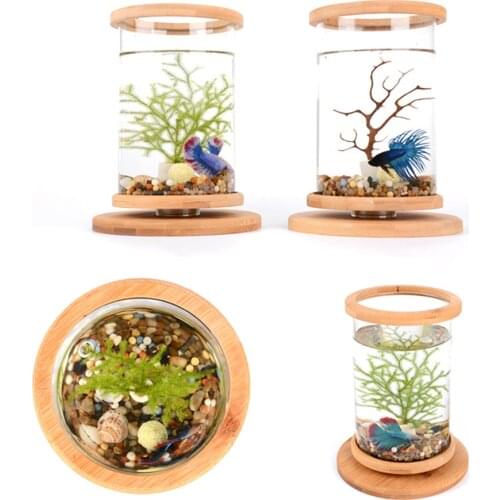 Rotatable Bamboo Stand & Glass Aquarium Fish Office Home Desktop Decor Small Fish Tank Cylinder Terrarium for Goldfish Betta