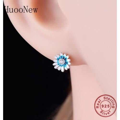 100% 925 Silver Blue White Enamel Daisy Mix Zirconia Stud Earring For Women Brinco Summer Beach Style Party Bridal Girl Jewelry