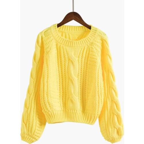 Women Sweaters 2021 New Yellow Sweater Jumper Candy Color Harajuku Short Elastic Sweater Fall Winter Chic Twist Knitted Pullover