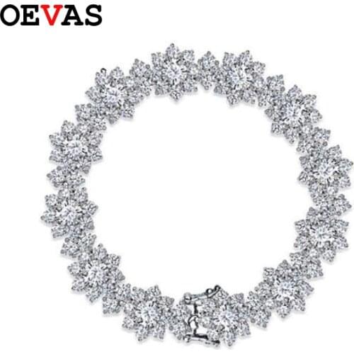 OEVAS 100% 925 Sterling Silver Sparkling Full High Carbon Diamond Flowers Bracelet For Women Wedding Party Bridal Fine Jewelry