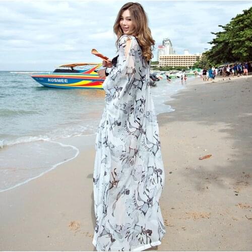 Cardigan 2017 New Summer Female Dot Print Hollow Out Chiffon Long Maxi Beach Dress Women Fashion Loose Black Sunscreen Dresses