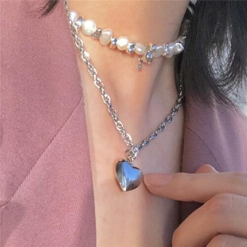 Origin Summer Vintage Double-Layer Freshwater Pearl Pendant Necklace for Women Heart Bead Chunky Chain Metal Necklace Jewelry