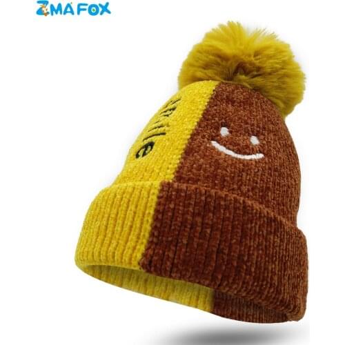ZMAFOX winter thermal beanie knitted hat children toddlers lovely color blocking beanies baby girl cap pompom smile kids hats