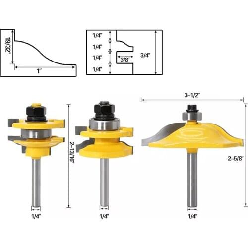 1/4" Shank 3pcs Large Door Panel Cabinet Tenon Router Bit Cabinet Rail & Stile Set Panel Raiser Ogee Wood Milling Cutter MC01046