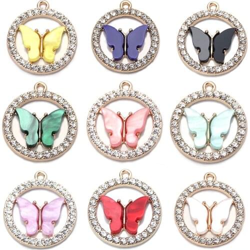 10pcs/Lot Acrylic Butterfly Charms Round Frame Full Rhinestone Charms Pendant Handmade Jewelry Butterfly Pendant Wholesale