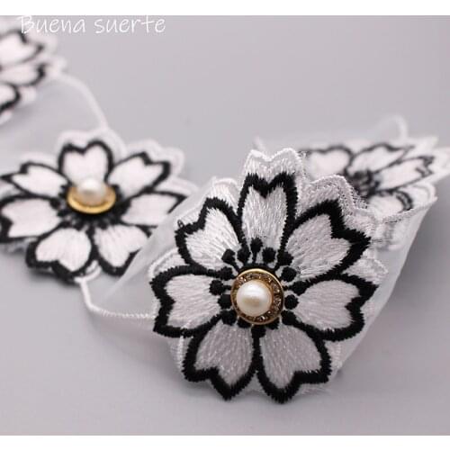 13pcs/yard) Sakura White Pearl Flower Beaded Embroidered Lace Trim Ribbon Fabric Handmade DIY Wedding Dress Sew Supplies Craft