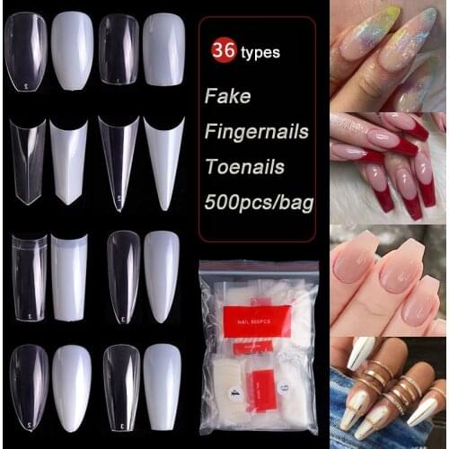500pcs/Bag Fake Fingernails Toenails Artificial Clear/Natural False Nails Extension&Protection Art Coffin Tips Manicure DIY Tool