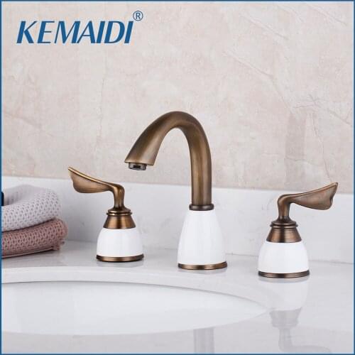 KEMAIDI Antique Brass Tap Wall Mounted Bathroom Basin Sink Faucets Solid Brass Hot & Cold Mixer Golden Bathtub Faucet