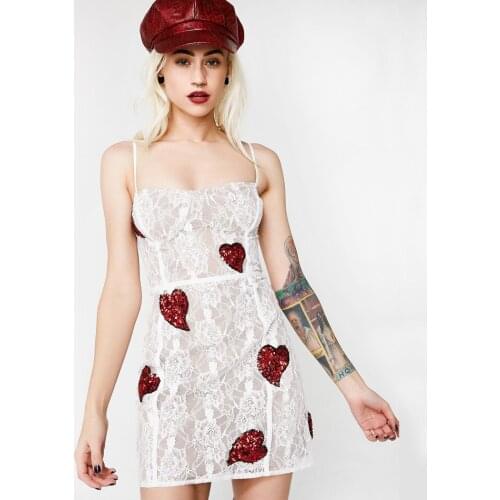 Shiny Lace Sequin Heart-shaped Spaghetti Strap Sleeveless Mini Skinny Dress