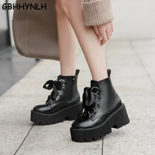 GBHHYNLH 2020 Autumn New Women Ankle Boots Round Toe Lace-up Platform Short Boots Female PU Soft Leather Black Boots LJA849