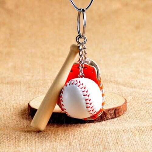 Keychain 1Pcs Mini Baseball Leather Glove Wooden Bat Sports Car Key Chain Key Ring Gift MEn Women Metal Ring Cute Pendants