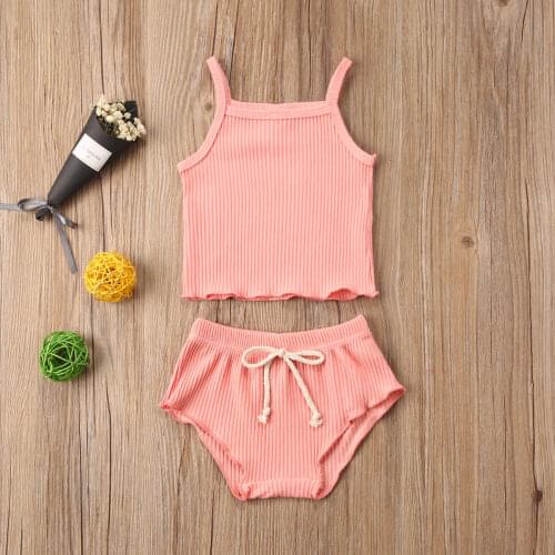 Emmababy Newborn Baby Girl Clothes Summer Solid Color Strap Vest Tops Ruffle Short Pants 2Pcs Outfits Knitted Cotton Clothes