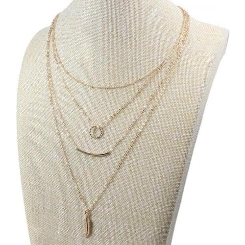 Delicate Circle Layering Necklace Gold Feather And Tube Pendant Layered Chain Necklace Set Women Jewelry Collier