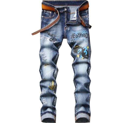 Mens Printed Stretch Denim Jeans Fashion Slim Straight Pants Letters Painted Trousers
