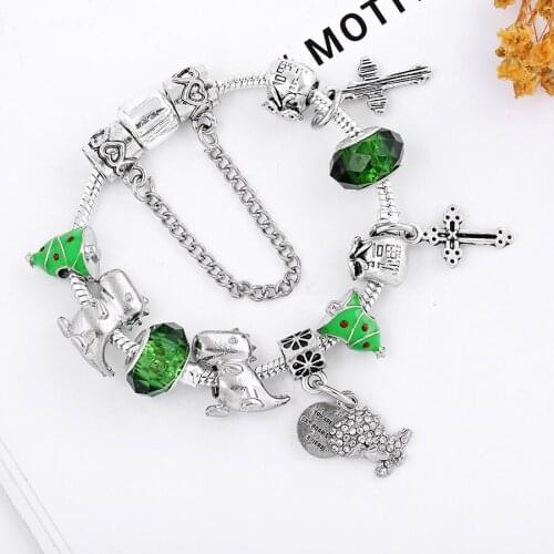 SEIALOY Dinosaur Butterfly Charm Bracelets For Men Original Fine Green Crystal Pine Cross Charm Man Bracelet Bangle Gift