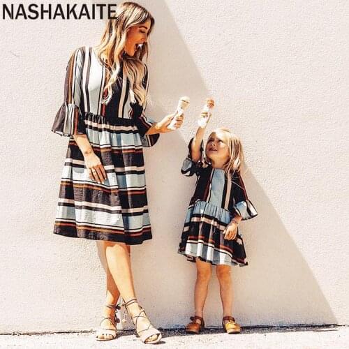 NASHAKAITE Autumn Winter Mother and daughter clothes Flare Sleeve Stripe Ruffled Mid-Dress For Mom Daughter Mommy and me clothes