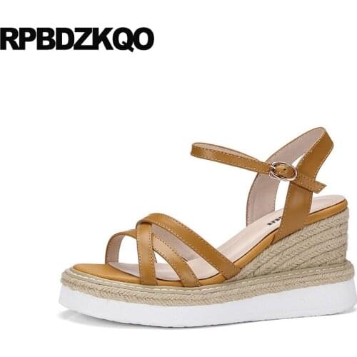 Pumps Strappy Shoes Soft Ankle Strap Espadrilles Genuine Leather Rope Women Wedge Platform Sandals High Heels Brown Slingback